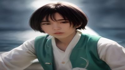 漫画风格的插图，一个卡通人物坐在书桌前奋笔疾书，周围飘着各种想法泡泡